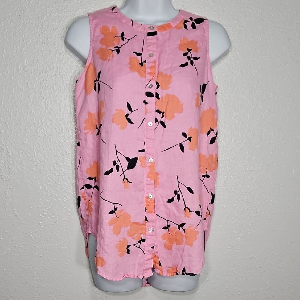 Cynthia Rowley 100% Linen Pink & Peach Floral Sleeveless Button-Up Blouse XS
